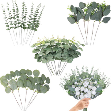 Eucalyptus Stems Bulk , 4 Kinds Mixed Artificial Silver Dollar Eucalyptus Leaves Bundle Faux Greenery Branches - Set of 30
