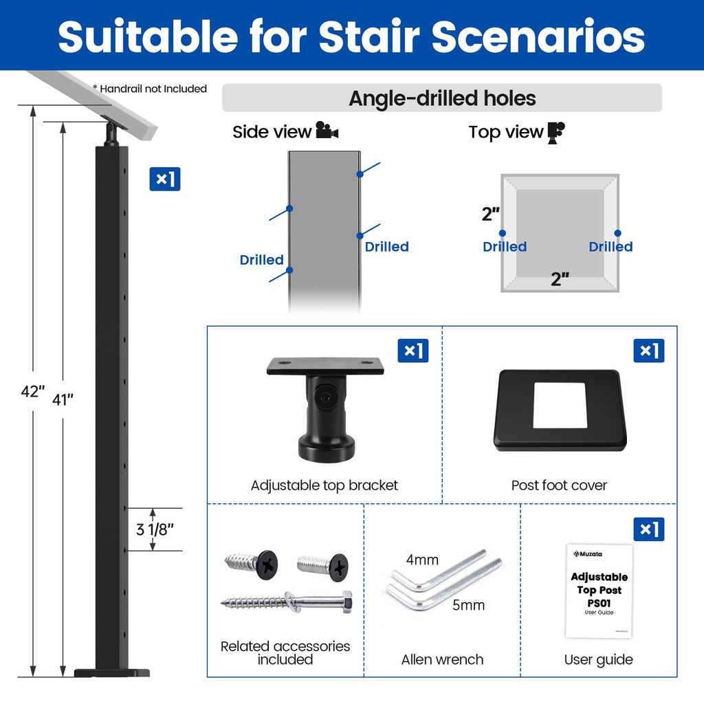 42" Black Cable Railing Post Surface Mount Angle Drilled PS01 BA4L