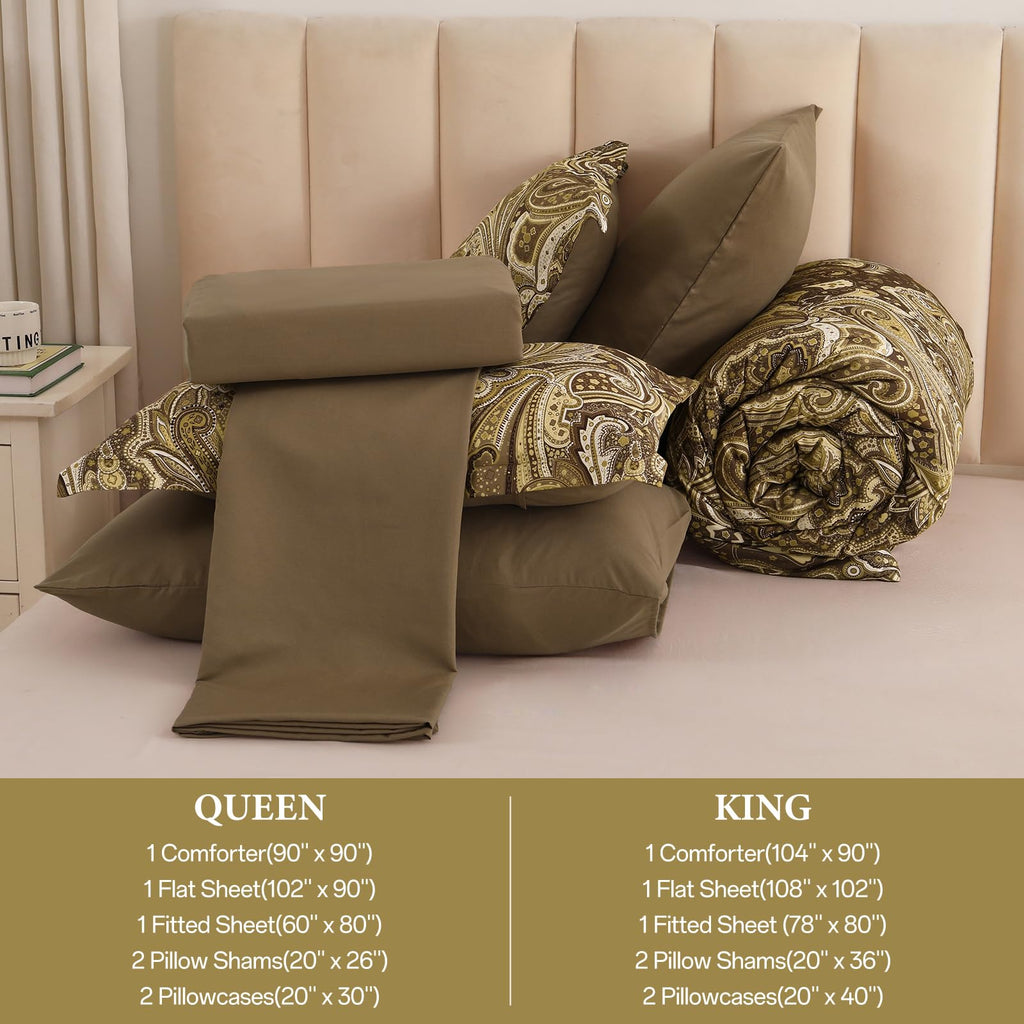 Brown Paisley Comforter Set Queen Size 7 Piece Bed in a Bag