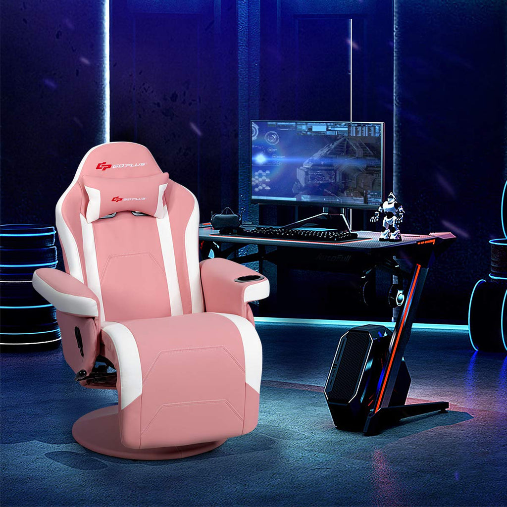 Pink Massage Gaming Chair, Racing Style Gaming Recliner w/Adjustable Backrest and Footrest, Ergonomic High Back PU