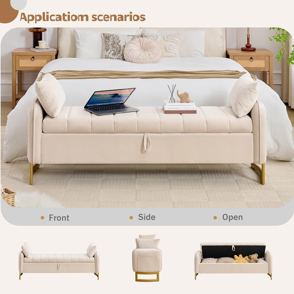 66" End of Bed Storage Bench King Size, Storage Benches , Beige | Velvet Foot of Bed Bech, Upholstered Storage