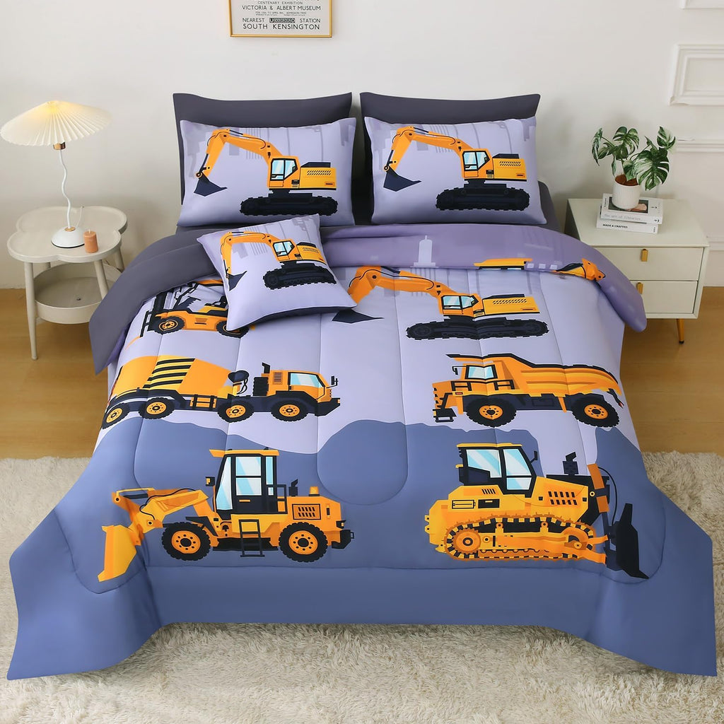 Construction Twin Bedding Sets for Boys Kids,6 Piece Bed in A Bag 3D Cartoon Car Excavator Tractor Comforter Set with