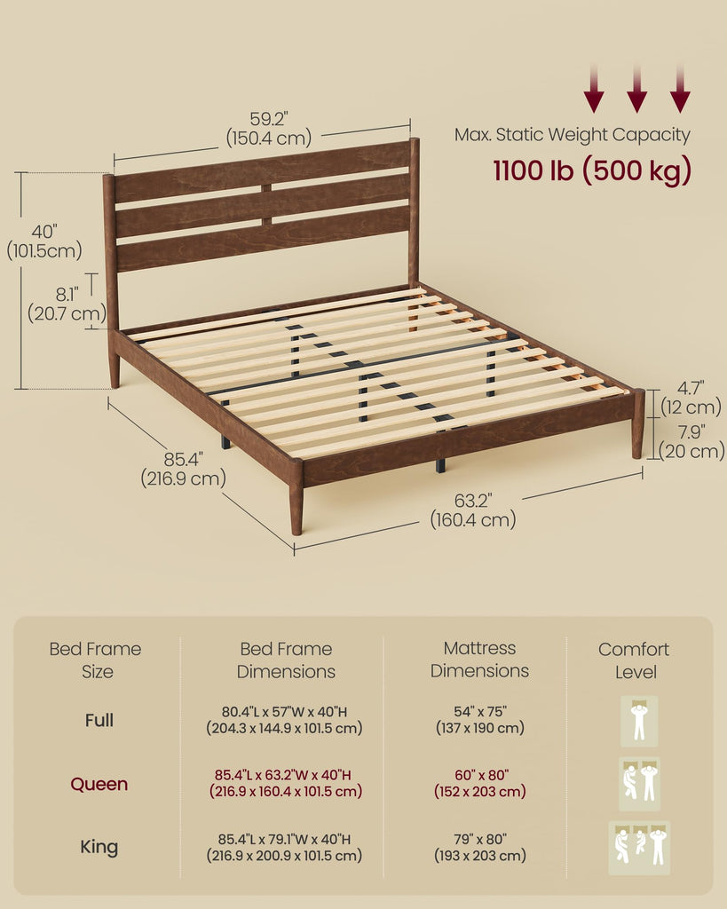 Queen Bed Frame, Wood Platform Bed with Headboard Storage Shelf