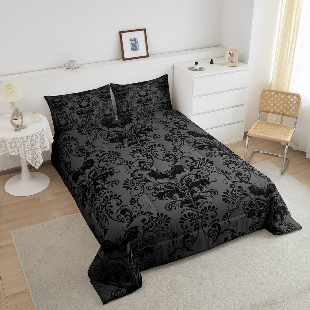Adults Black Damask Comforter Set Antique Victorian Baroque Bedding Set Twin, Exotic Vintage Floral Quilt Gothic Bat