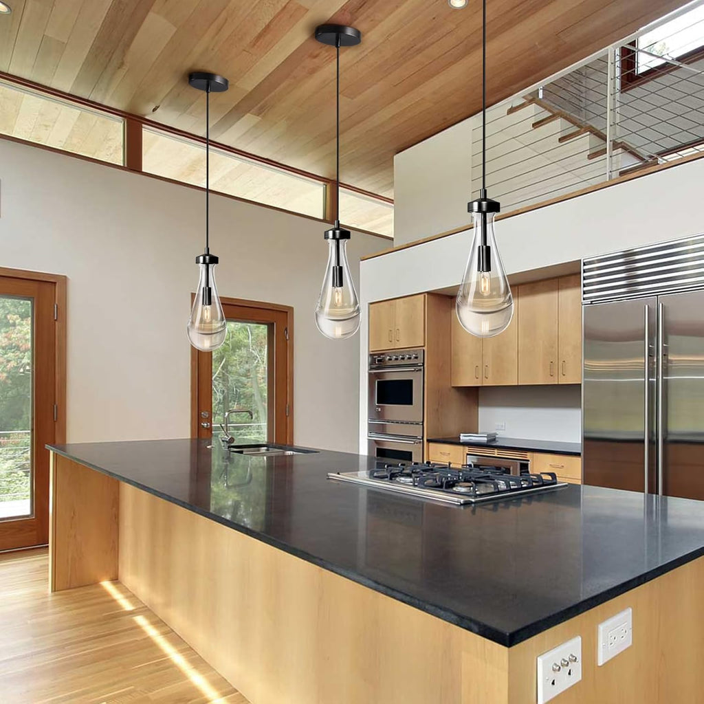 Raindrop Pendant Lights Kitchen Island Teardrop Black Hanging Light Fixtures Clear Solid Glass Pendant Light Modern Chandeliers for Dining Room Porch Corridor Living Room A121-B0BN142JST