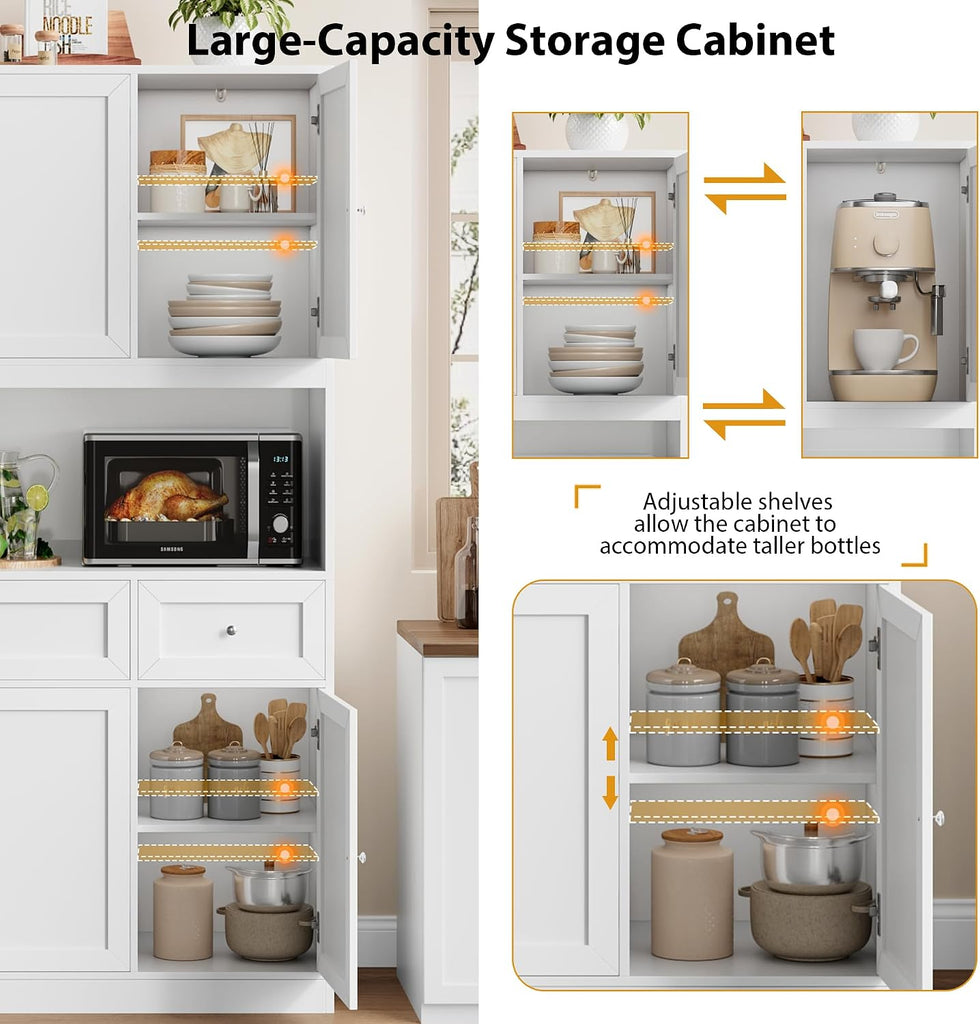72" Kitchen Pantry Cabinet, Kitchen Hutch with Microwave Stand, Buffet Cabinet with Hutch , White | 2 Drawers, Large