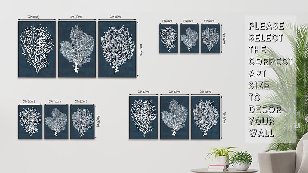 Large Framed Coral Wall Art - Navy Blue Coastal Wall Decor Painting Set of 3 Minimalist Beach Wall Art Prints