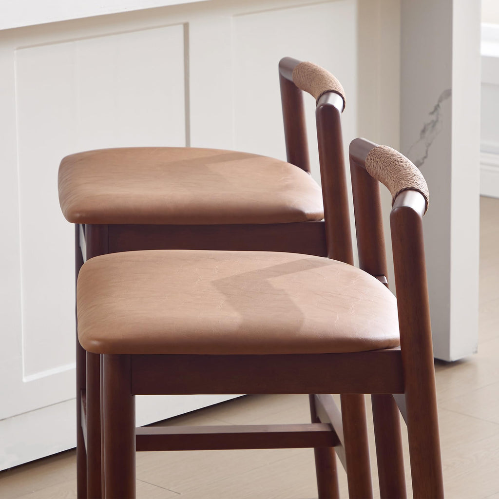Wood Counter Stools with Woven Paper Cord Accent Back, Set of 2