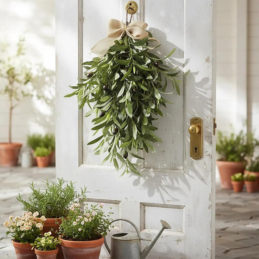 Premium 24" Artificial Olive Branch Teardrop Swag - Realistic Faux Greenery Wreath for Front Door, Wall, Home &