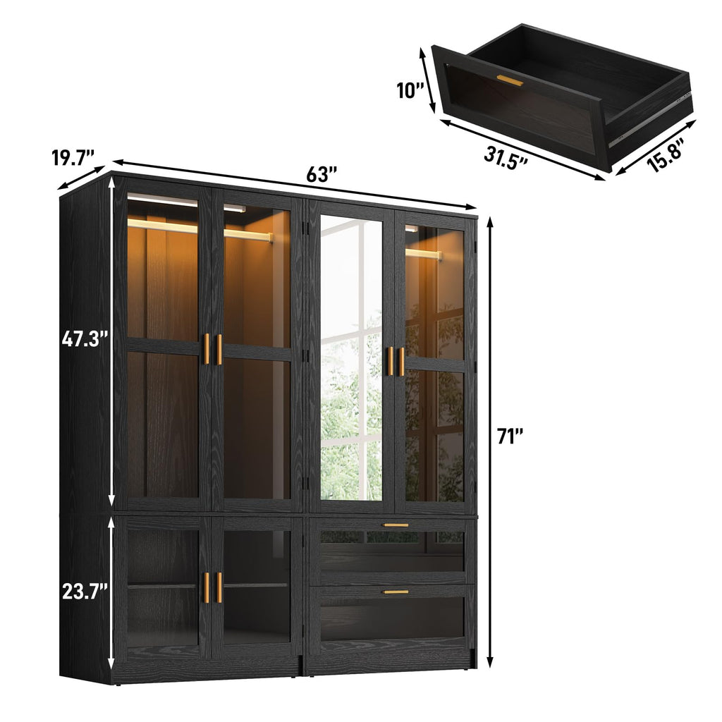 4 Doors Armoire Wardrobe Closet with LED and Mirror, 71" H Freestanding Wooden Wardrobe Closet Cabinet w 2