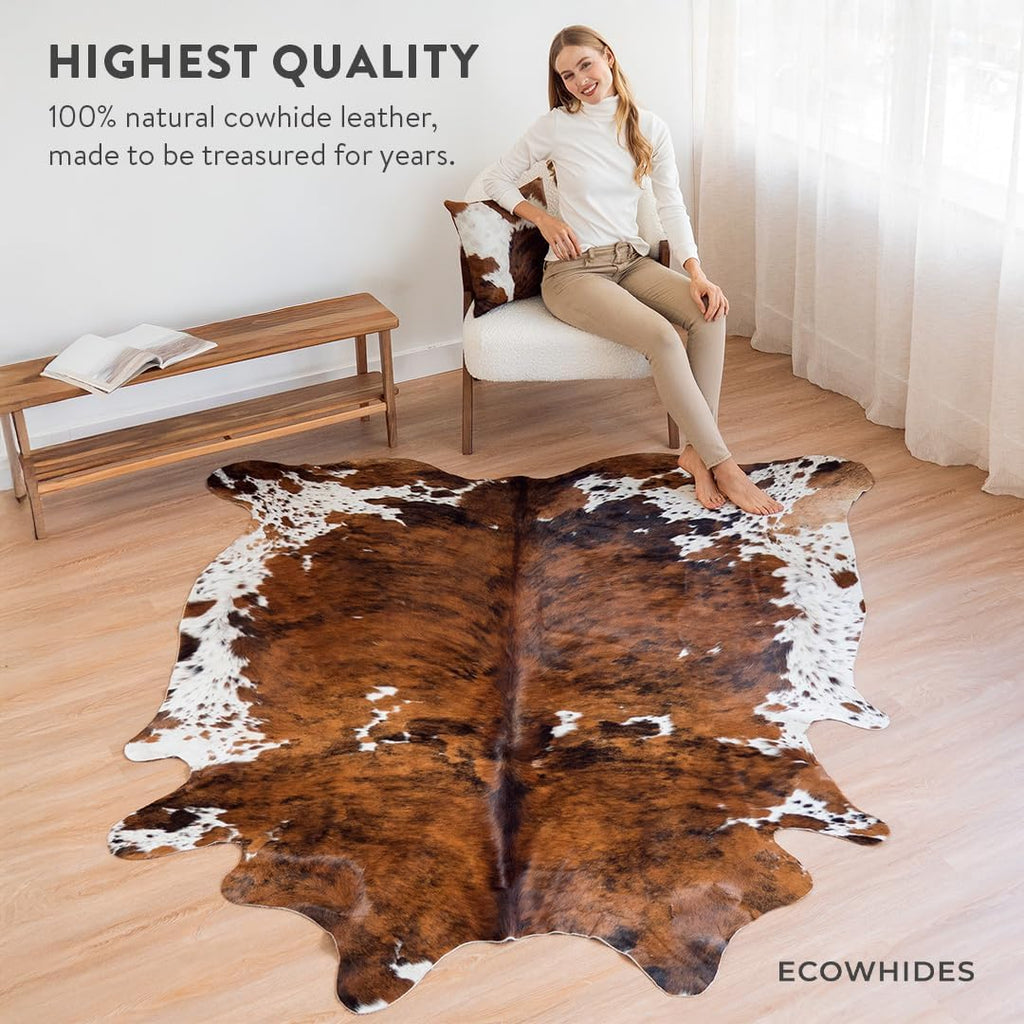 100% Genuine Brazilian Cowhide Rug - Tricolor Brindle Mix - Luxury Cowskin Leather Area Rug Décor 7 x 6 feet