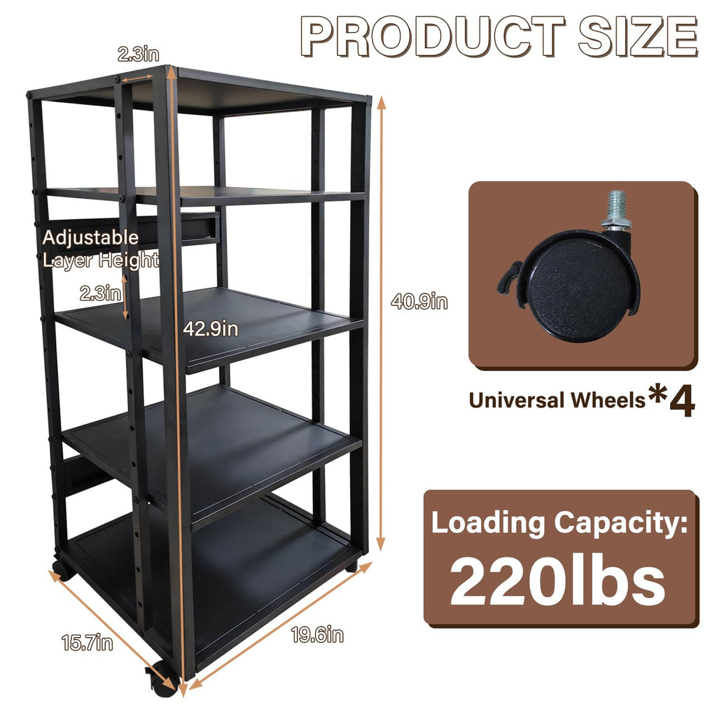 5-Tier AV Media Stand with Wheels, Modern Mobile Stereo Cabinet