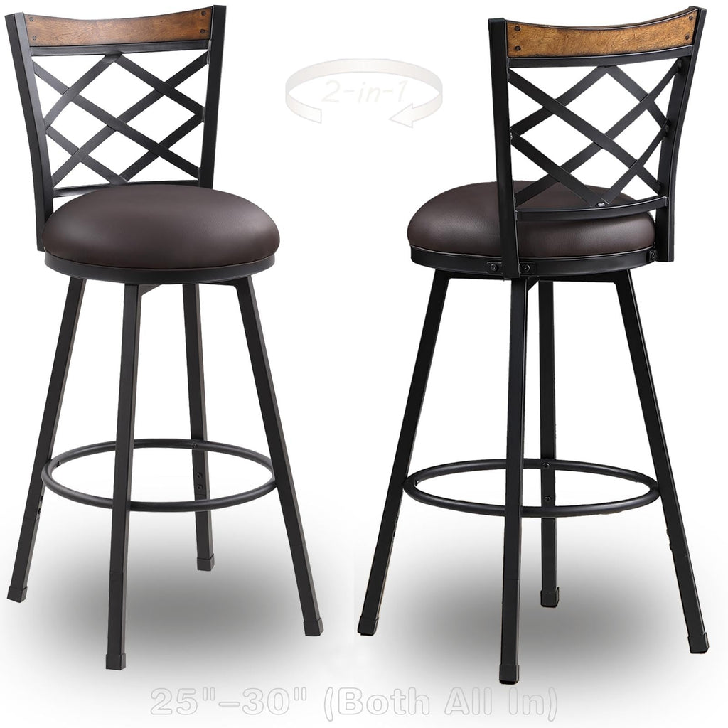 Set of 4 Swivel Bar Stools with Backs, 2-in-1 Adjustable 25"/30" Height, Farmhouse Kitchen Counter Chairs, Industrial