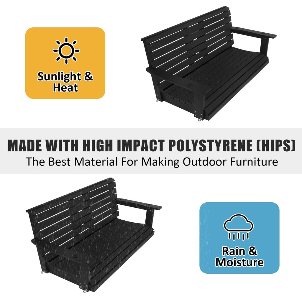 Poly Lumber 3-Seat Porch Swing, HIPS 5-Feet Bench Swing with Foldable Cup Holders, 18/8 Stainless Steel Hardware, High