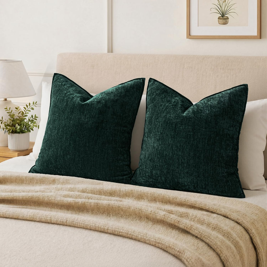 Chenille Couch Pillow Covers Christmas Living Room 18x18 Army Green - Set of 2