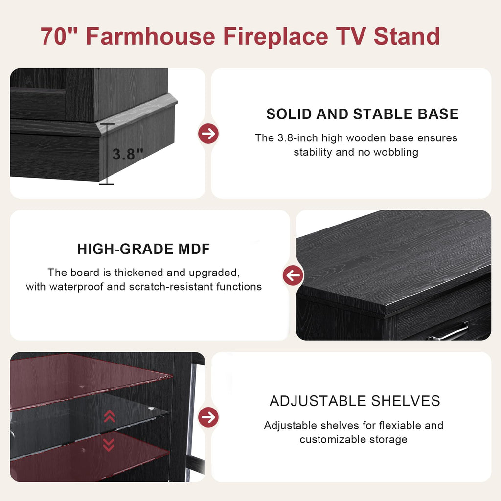 70" TV Stand with 36" Electric Fireplace, Entertainment Center Console Table for TV up to 80'', with Open Storage