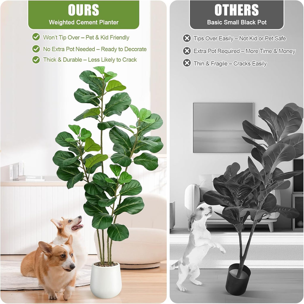 Faux Fiddle Leaf Fig Tree 5ft with White Planter 4 Trunk Fake Plants in Pot