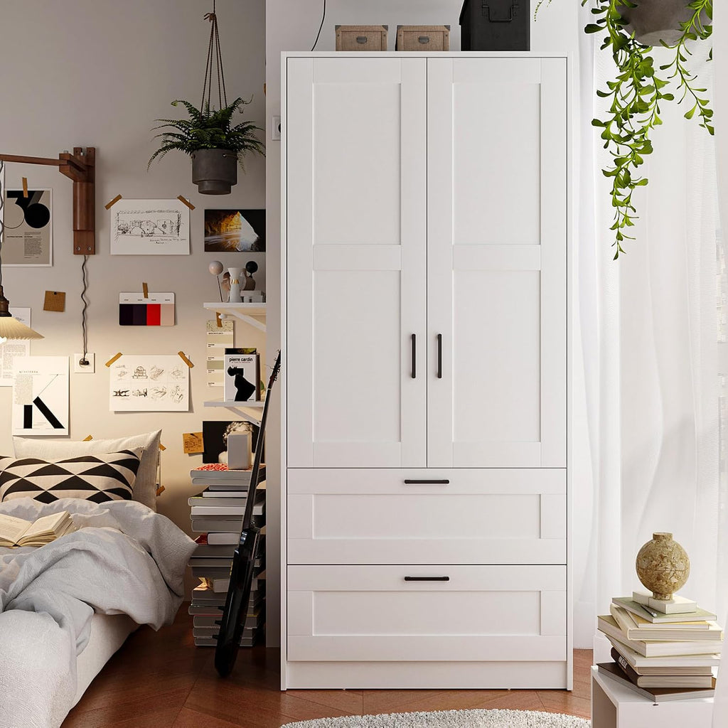 Wood White Wardrobe Closet with 2 Doors and 2 Drawers,Bedroom Freestanding Armoire Storage Cabinet with