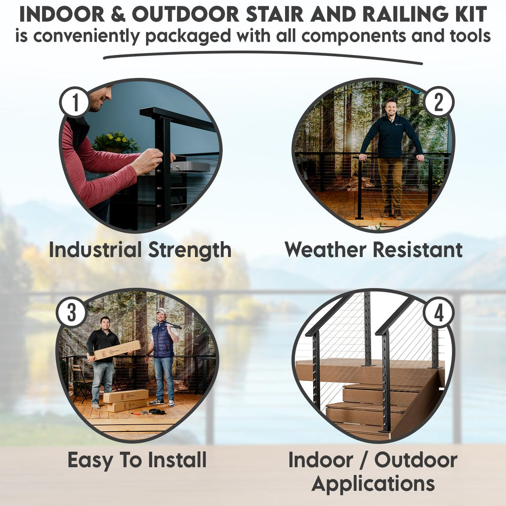 Complete Cable Railing Kit 6ft - DIY Deck Railing System with Pre-Drilled Metal Posts, Marine Grade Stainless Steel