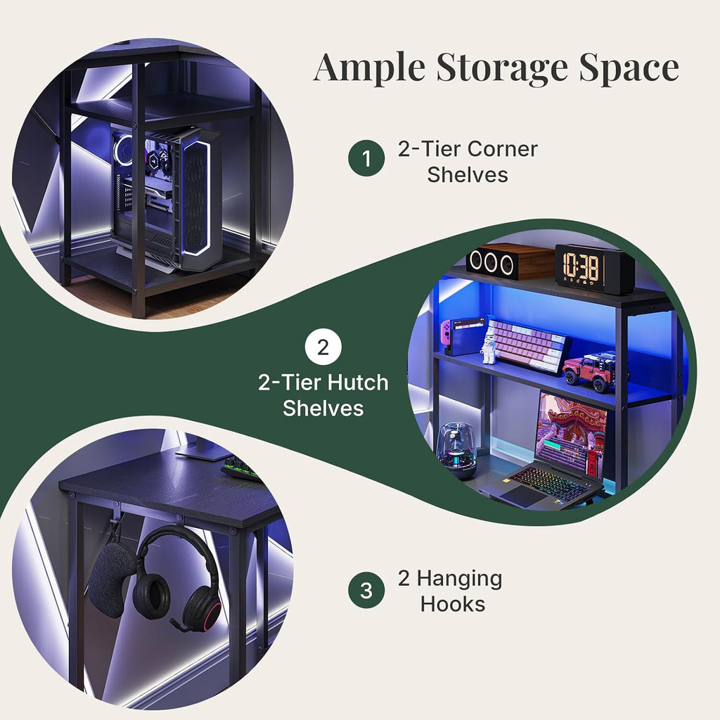 53" L Shaped Gaming Desk Reversible Corner Desk | Computer Desk with Power Outlet, Writing Table with LED Lights