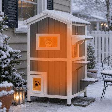 Insulated 2-Story Outdoor Cat House Weatherproof Shelter, Grey