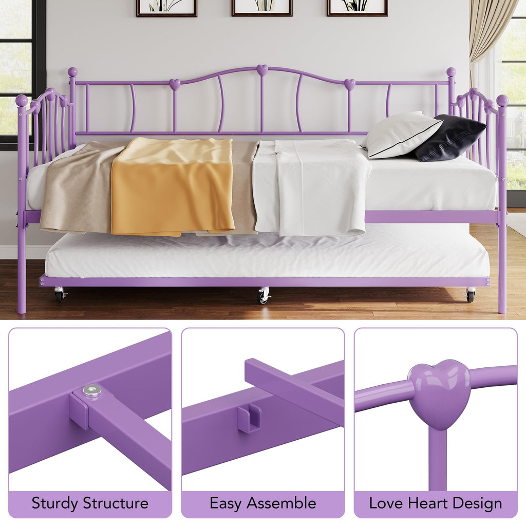 Twin Daybed with Trundle, Metal Sofa Bed Frame with Steel Slat Support, Twin Size Space-Saving Furniture, Love Heart