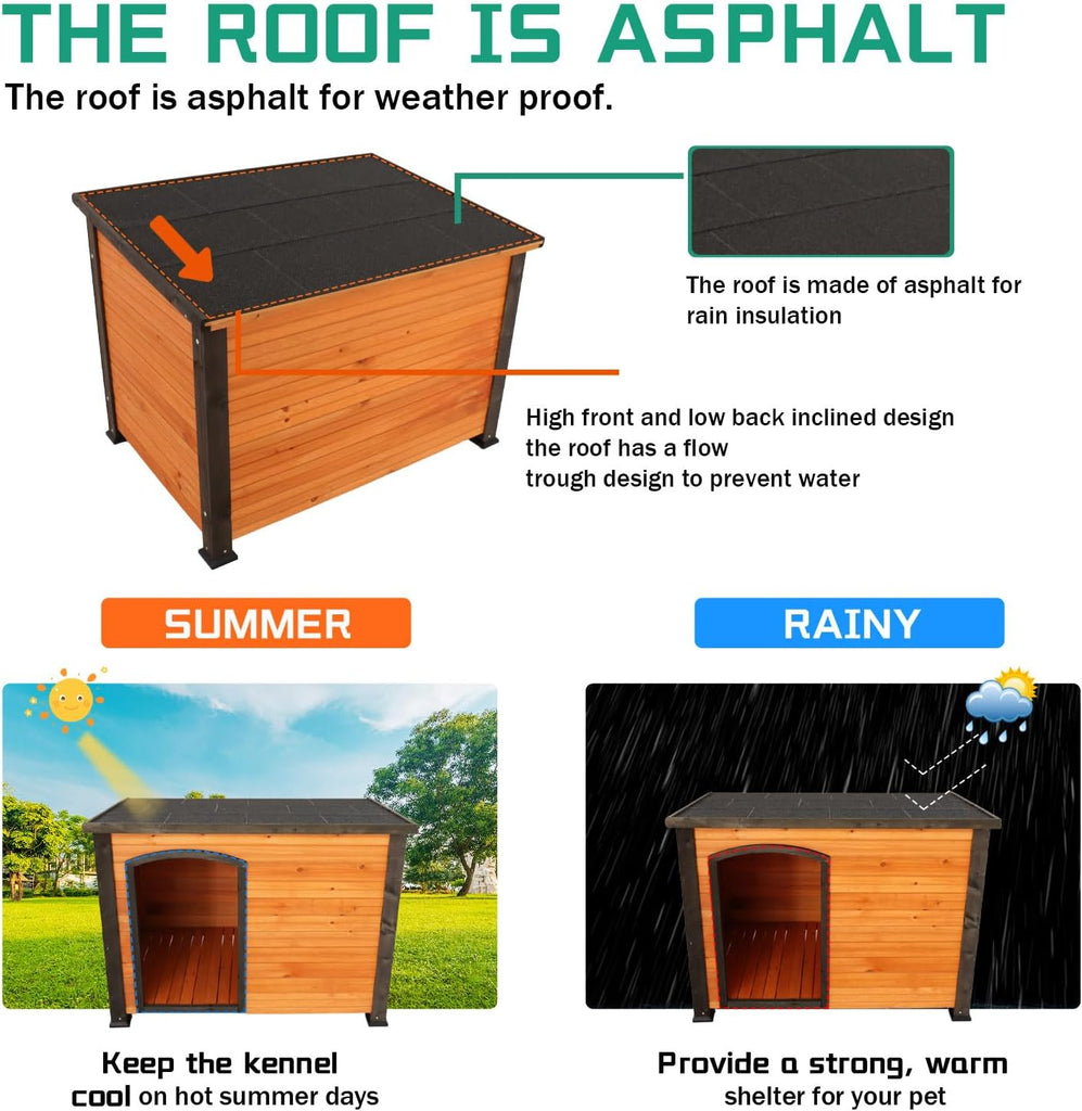 45" Wooden Dog House for Large Dogs, Weatherproof Outdoor Dog Kennel with Elevated Waterproof Feet, Solid Wood Pet