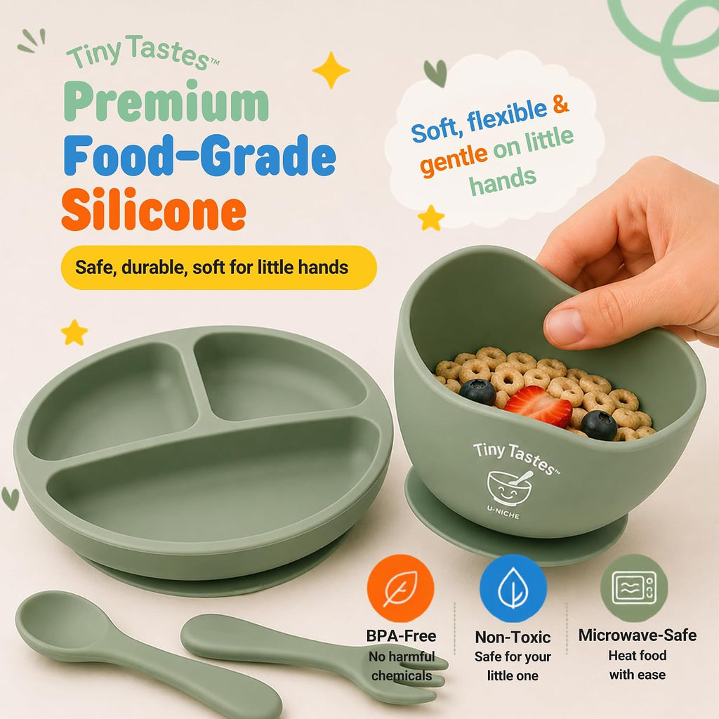 Piece Silicone Baby Feeding Set - Baby Led Weaning Supplies with Suction Plate & Bowl, Adjustable Bib, Snack Cup