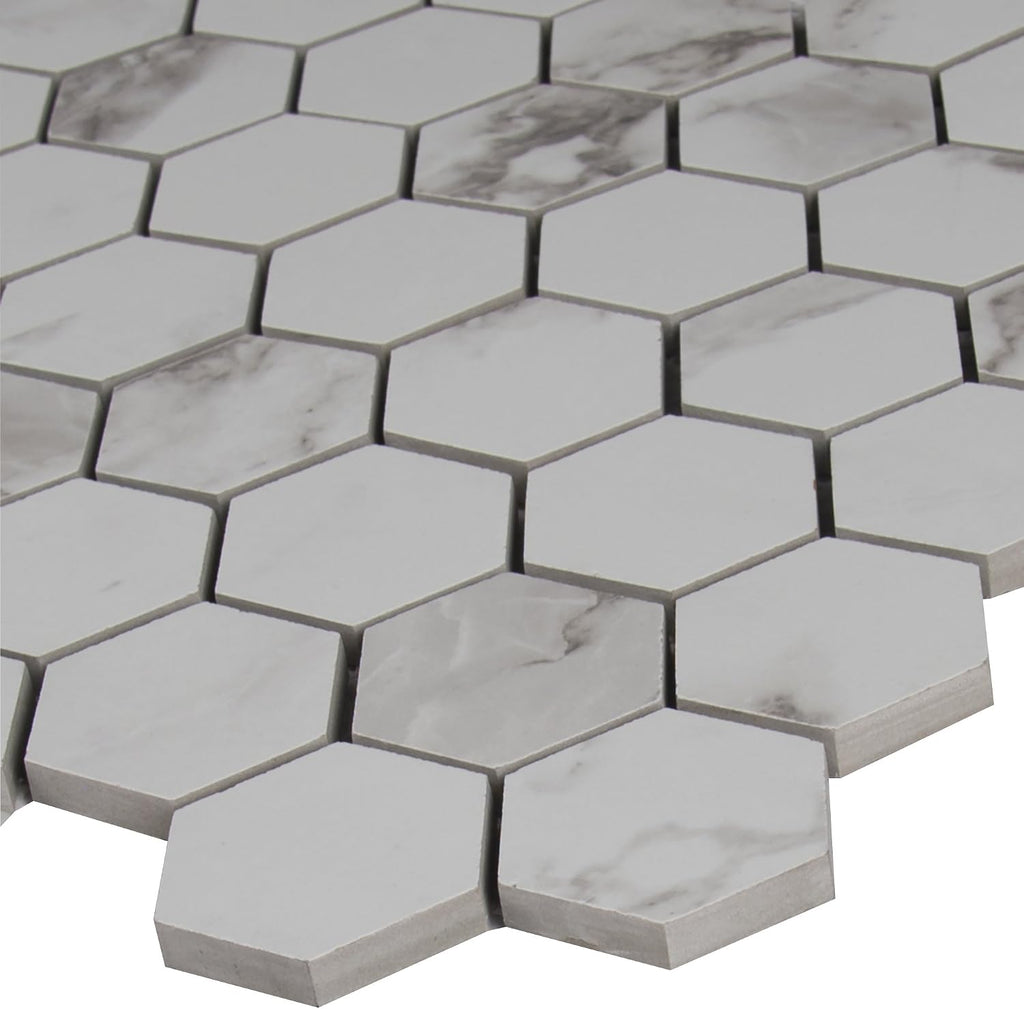 Statuario Hexagon Glazed Porcelain Mesh Mounted Wall Tile Flooring