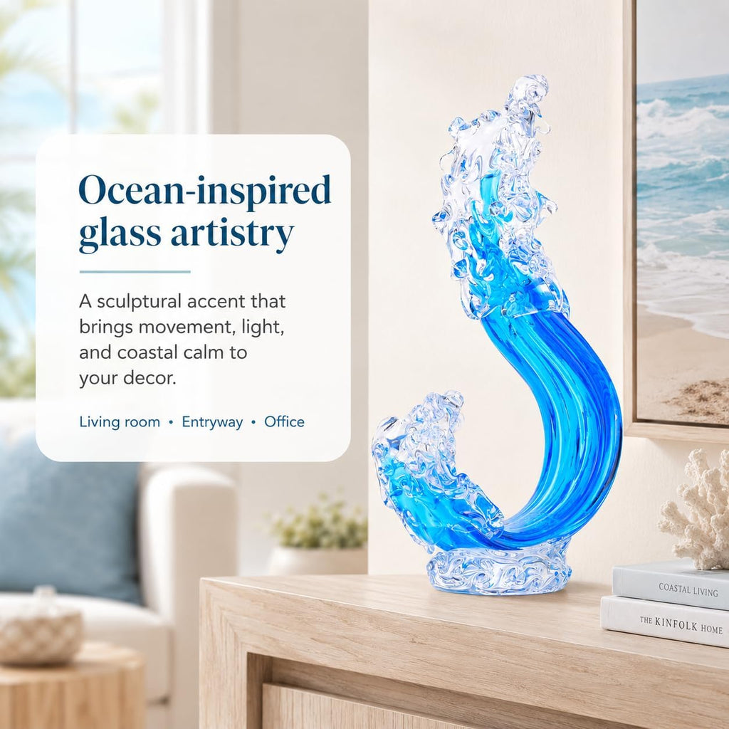 Blue Hand Blown Glass Ocean Wave Statue,Fused Sea Glass Art Decor,Abstract Wave Sculpture Ornament,Coastal Nautical