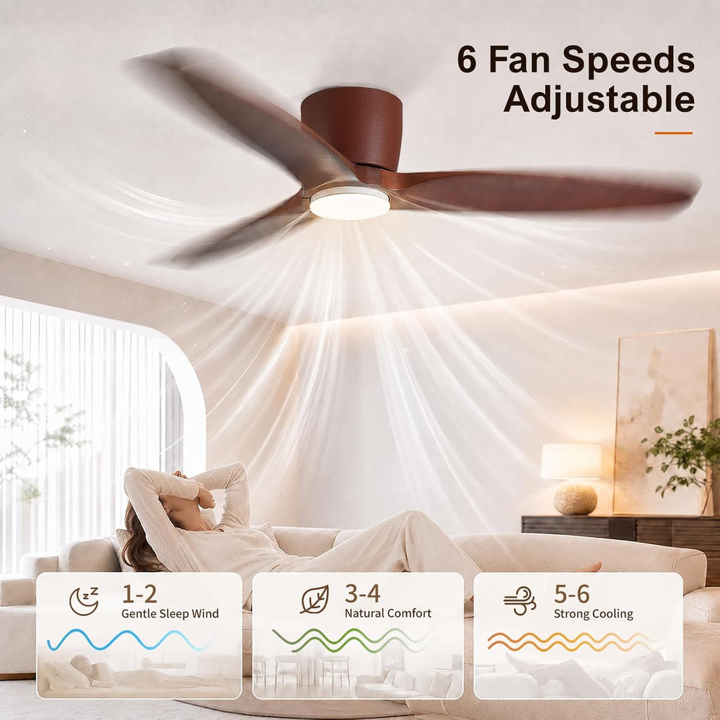 52 Inch Low Profile Ceiling Hugger Fan with LED Light & Remote - Flush Mount, Solid Wood Blades, 6-Speed Quiet DC Motor - Deep Walnut