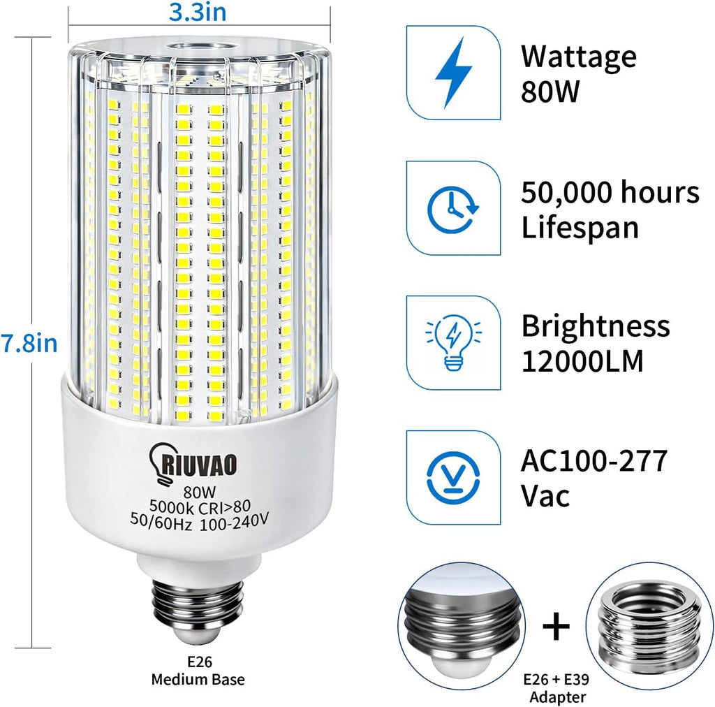 Led Corn Bulb 800W Equivalent 5000K Daylight 12000Lm Super Bright E26/E39 Base 80W Led Bulbs, Replace Metal Halide