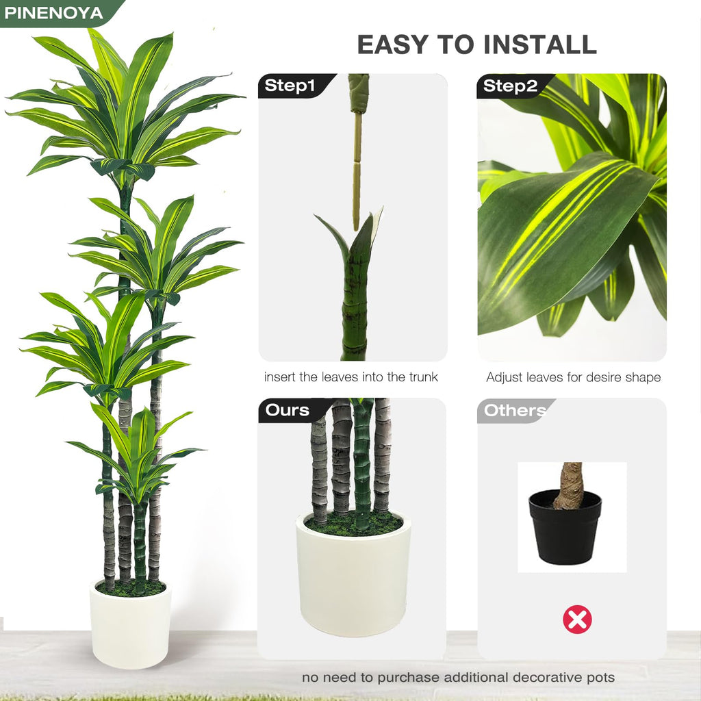 Artificial Dracaena Tree 6ft, Tall Fake Dracaena Plants with White Planter, Faux Dragon Tree Indoor Floor Plant Decor