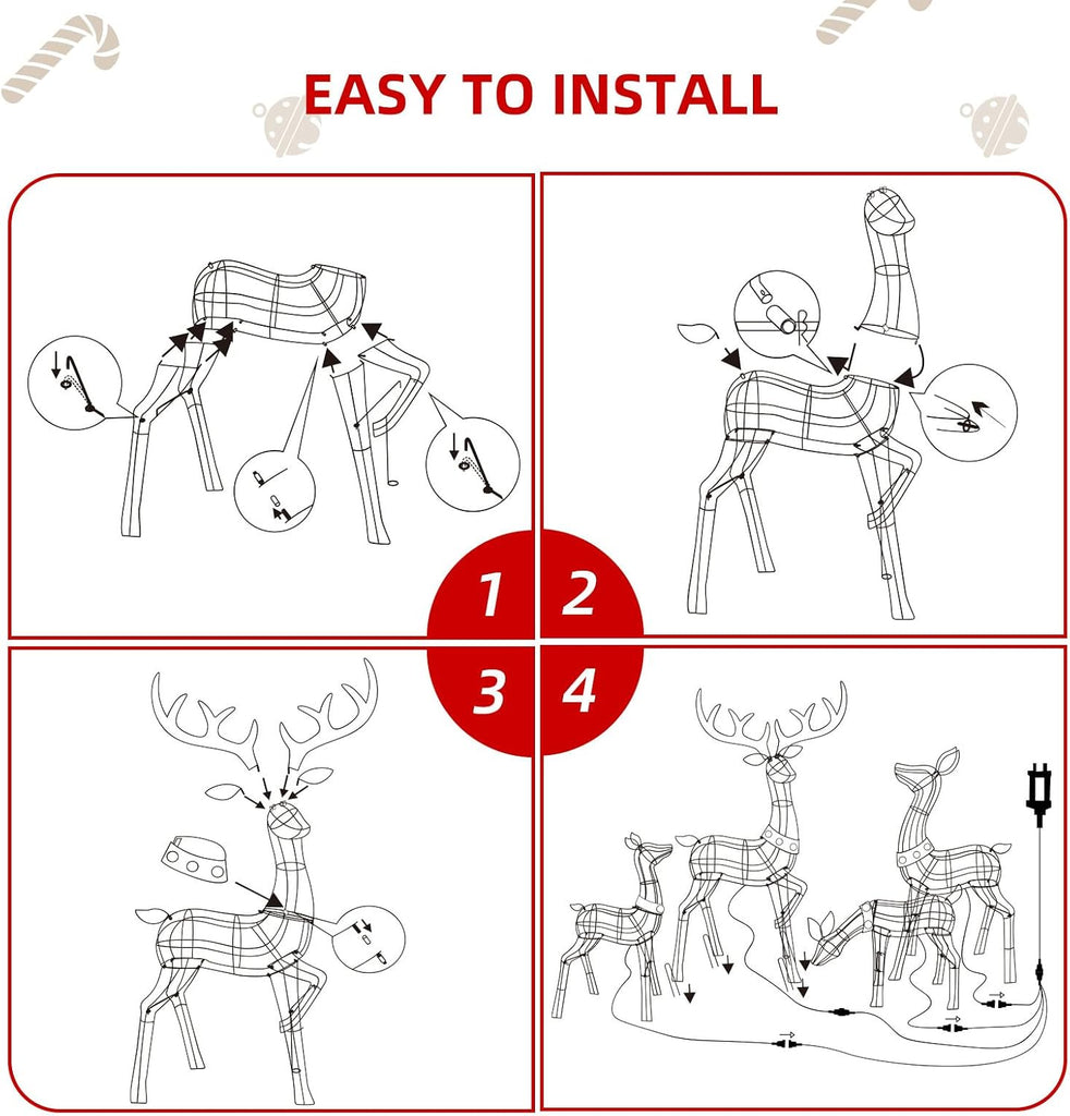 Christmas Decorations Outdoor Reindeer Family - 4-Piece 3D Lighted Deer Set with 245 LED Lights, Yard Christmas Decor