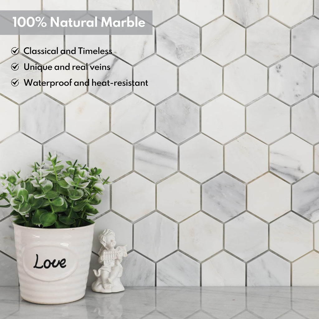 Bianco Alba Marble Stone 2 Inch Hexagon White Marble Mosaic Tile Wall Bathroom Shower Floor (5 Sheet, Honed)