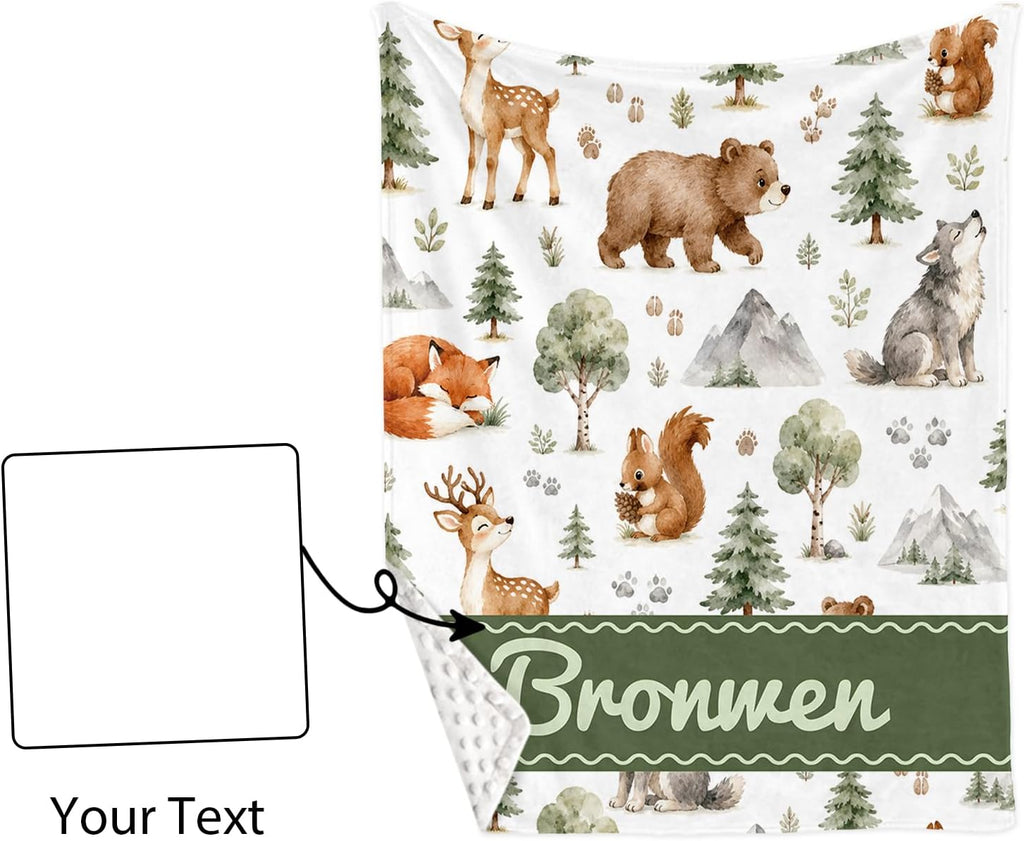 Boy Blanket with Name, Custom Minky Dot Baby Blankets with Woodland Theme, Soft Plush Crib Blanket Decor