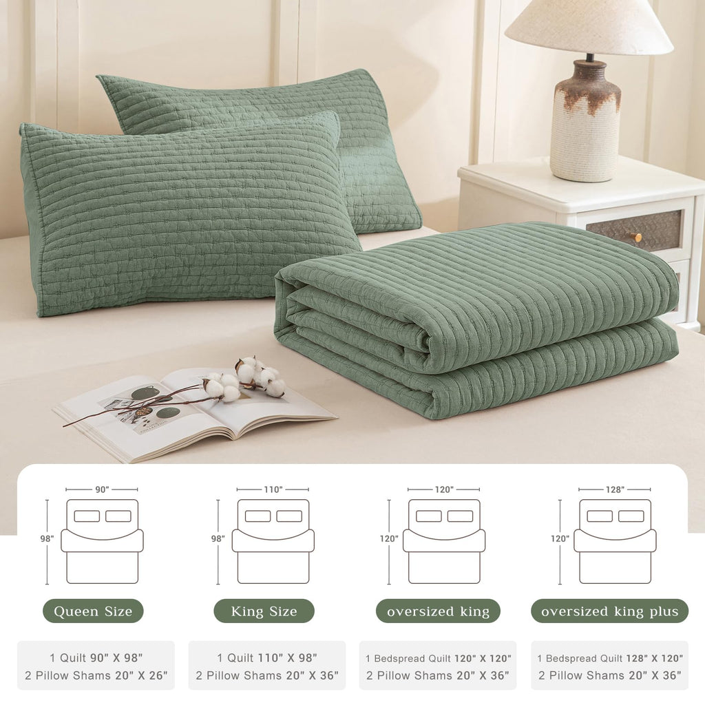 Quilt 128"x120", Stone-Washed Cotton Olive Green Bedspread, Soft Lightweight Extra Large