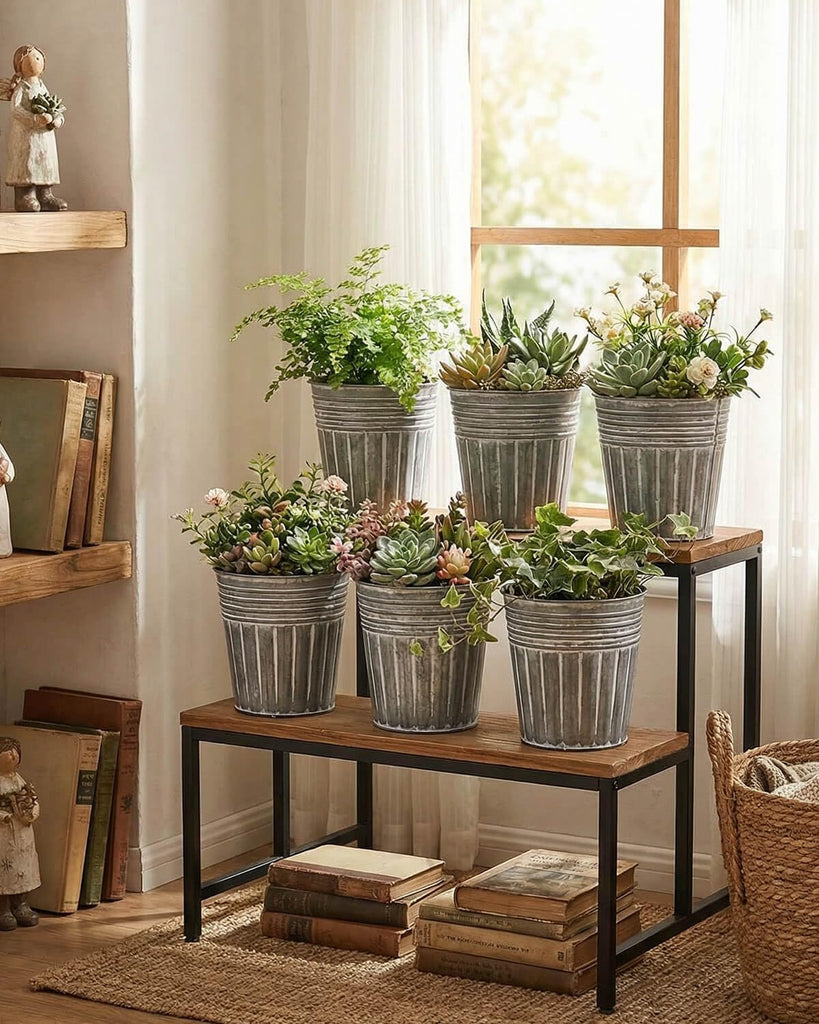 6 Inch Silver Metal Rustic Flower Pots - 6Pcs Galvanized Planters with Drainage Hole and Rubber Plug, Rustproof Metal