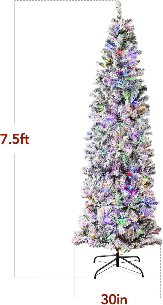 Flocked Pencil Christmas Tree, Pre-Lit Slim Artificial Holiday Decoration, 2-in-1 White & Multicolor Lights