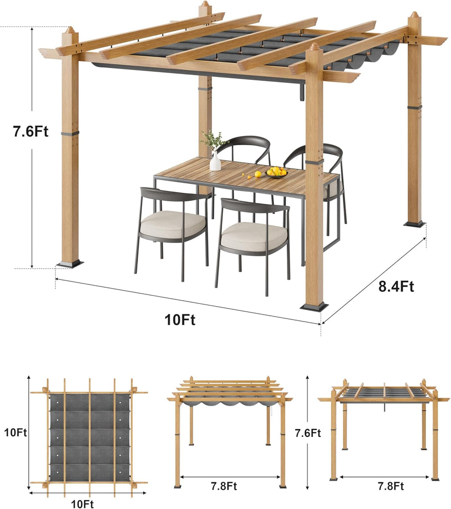10x10 Ft Outdoor Retractable Pergola with Adjustable Roof Modern Metal Patio Gazebo