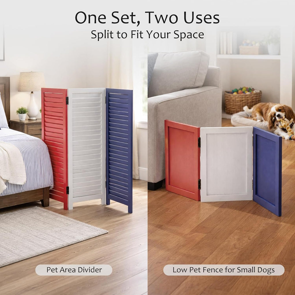Pet Gate 2 Pack Foldable Wooden Red White Blue Dog Barrier for Doorway and Hallway Modern 3 Panel Freestanding