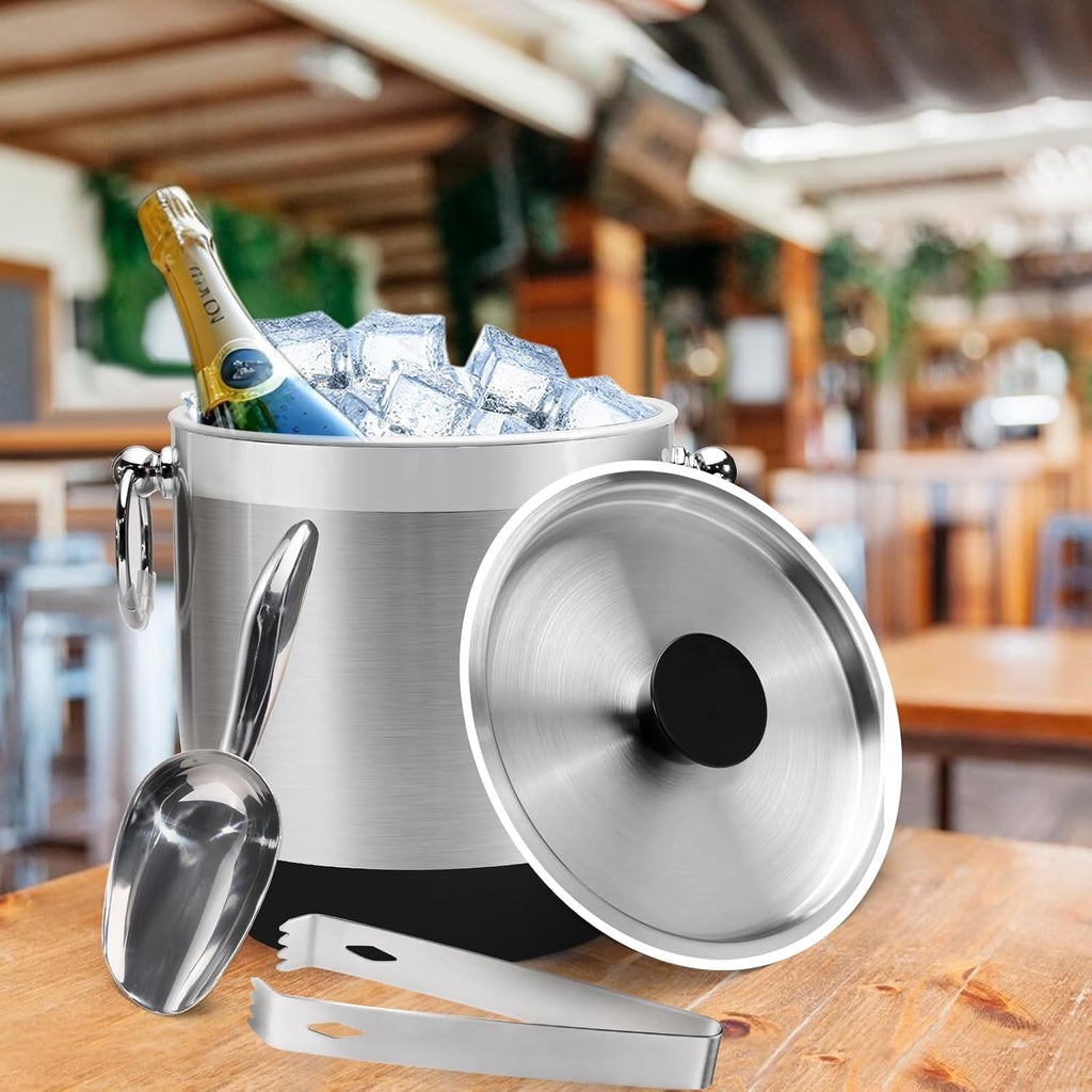 Double-Wall Stainless Steel Insulated Ice Bucket With Lid & Ice Tong [3 Liter] Included Strainer Keeps Ice Cold &