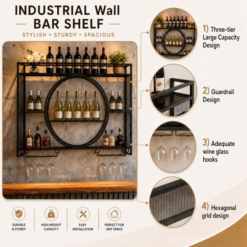 39 Inch Metal Wall Mounted Wine Rack, 3 Tier Bar Shelves with Glass Holder, Large Capacity Modern Liquor Shelves Bar