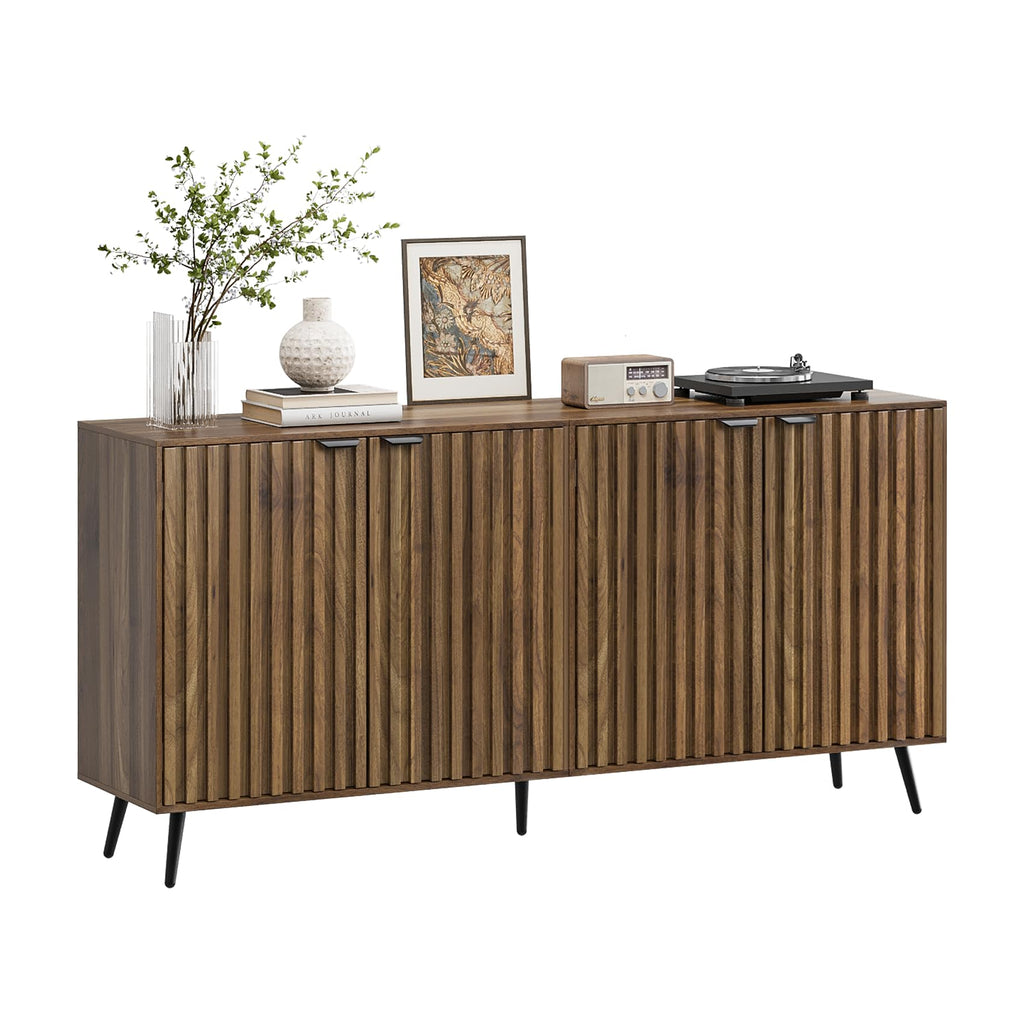 63" Fluted Sideboard Cabinet, Freestanding Walnut Buffet Cabinet with Adjustable Shelf, Wood Storage Cabinet