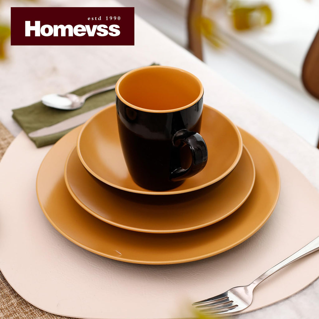 Stoneware Two-Tone Colors Life 16pc Dinner Set, Outside Shiny Black + Inside Matte Glaze Curry