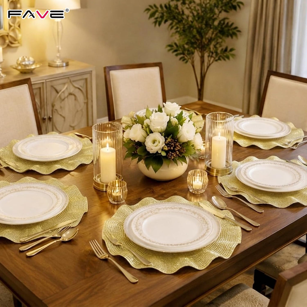 Gold Woven Placemats, Round Table Mats with Scalloped Edge - Set of 6