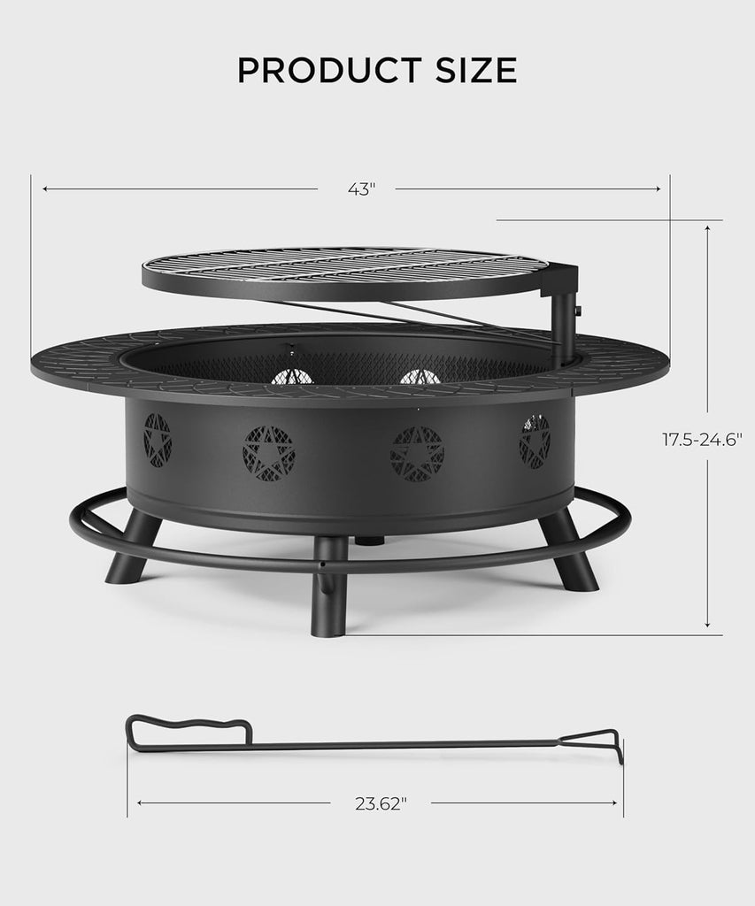 43 Inch Fire Pit with BBQ Grill, Wood Burning Fire Pits for Outside with Lid & Poker, Extra Large Heavy Duty Firepits