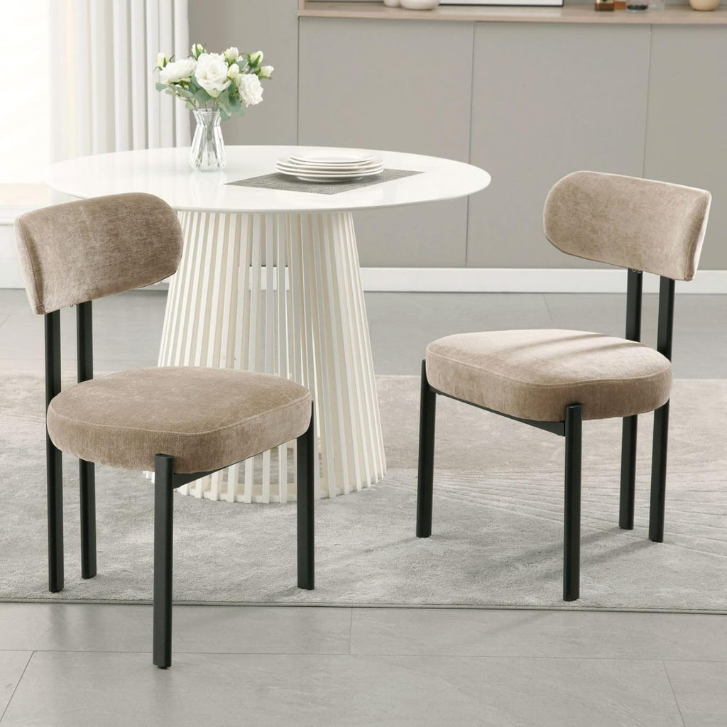 LukeAlon Chenille Dining Chairs Set of 2, Modern Curved Back Armless Kitchen Chairs with Black Metal Legs Upholstered Dining Room Chairs Reception Chairs for Living Room Office Restaurant, Khaki
