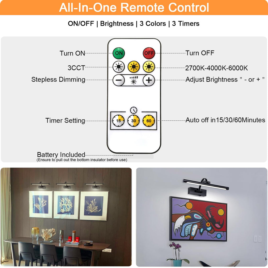 Wireless Battery Operated Picture Light,Rechargeable Wall Light with Remote and Timer,15.75 Inch Black Dimmable