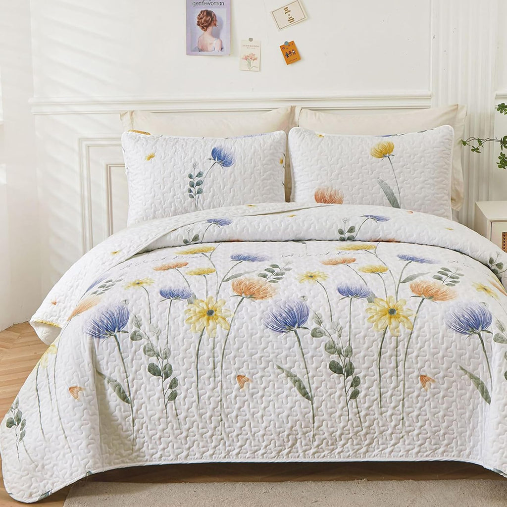 Floral Quilt Set Queen 3 Pieces Blue & Yellow Quilts Bedding Set Bohemian Bedspread Bed Cover Lightweight Spring
